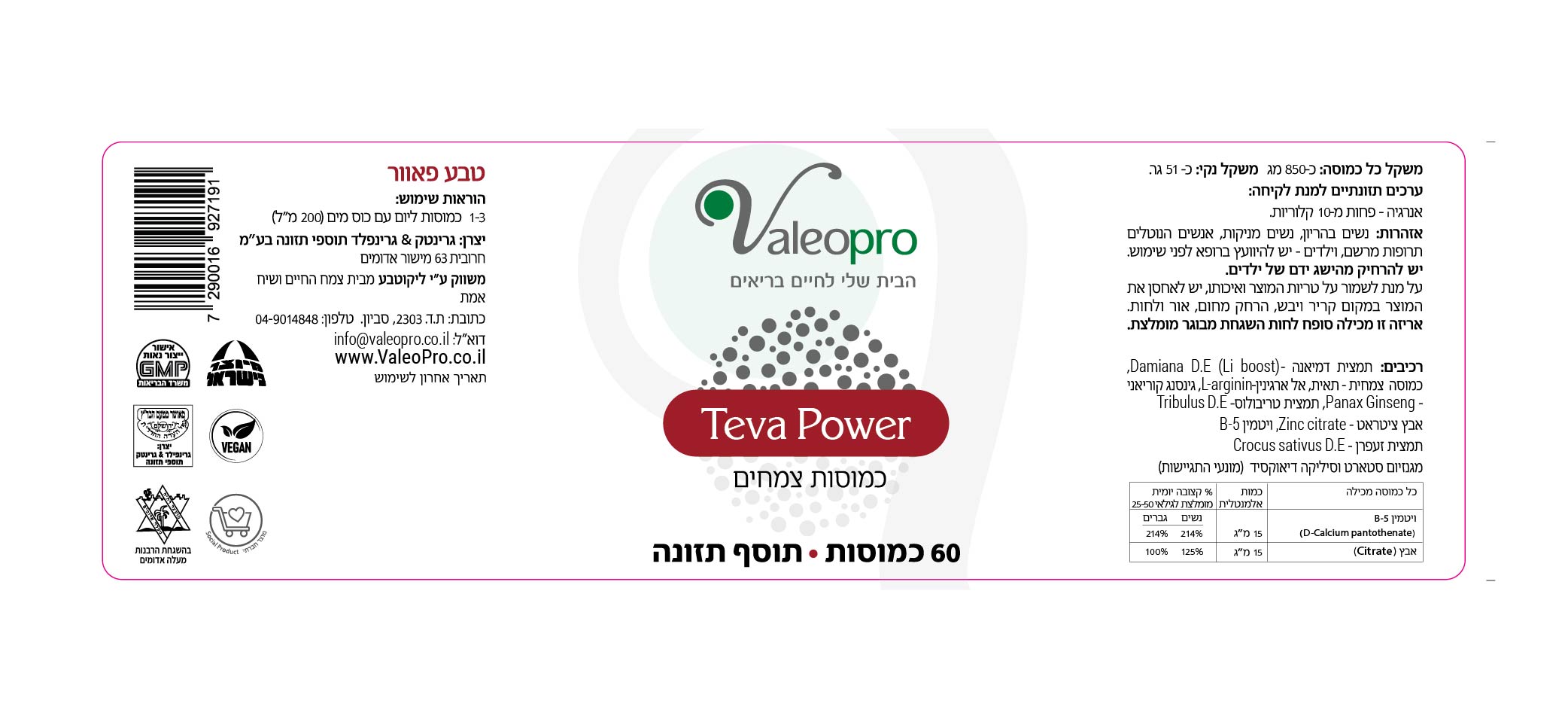 TEVA POWER תווית מוצר